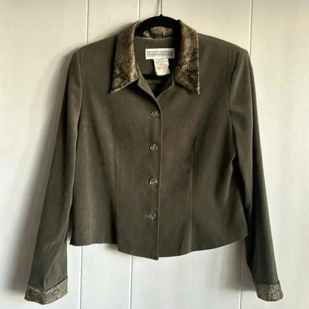 Jessica Howard Blazer Jacket Women's 8 Green Snake Skin Long Sleeve Open Back